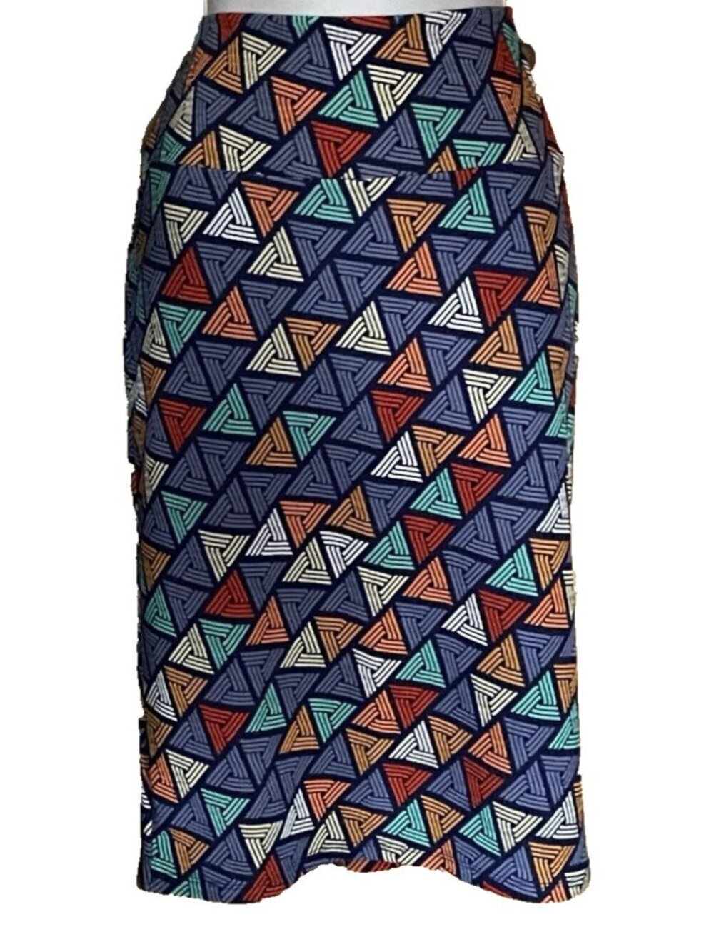 LuLaRoe Cassie Stretch Pencil Skirt Size L Blue Triangle Geometric Print